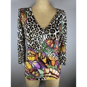 Caren Brook Leopard  Print Sparkle Butterfly Beaded Top Sz Extra Large